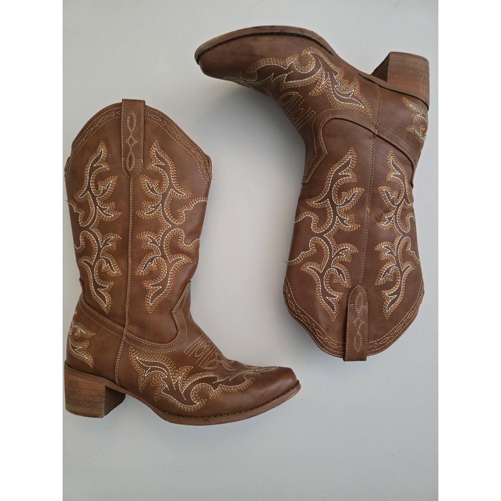 ILV Women's Brown Embroidered Faux Leather Western Mid Heel Boots Size 6.5